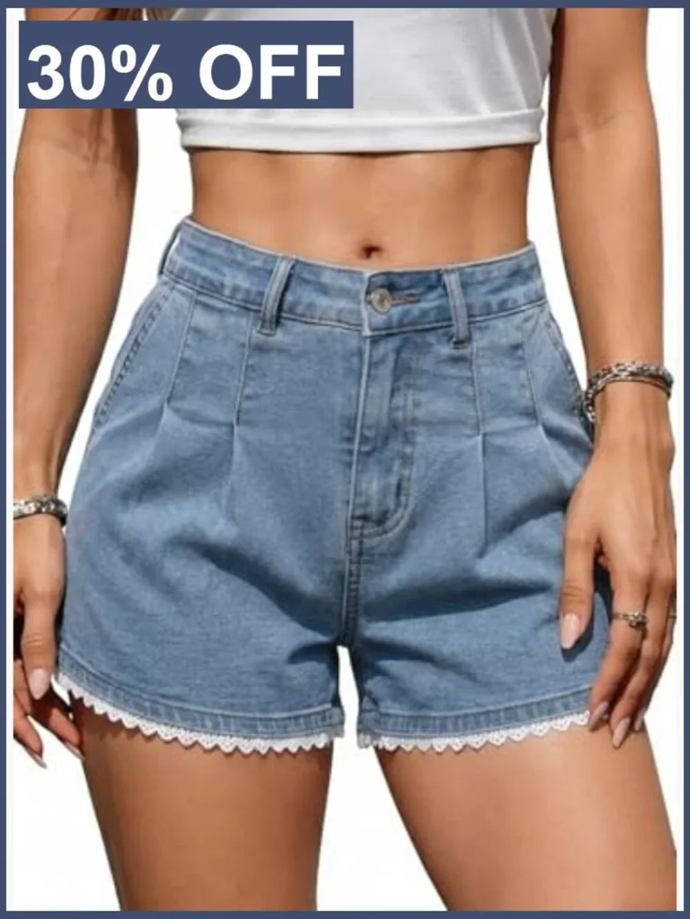 Scalloped Lace Trim High Waist Denim Shorts Pleated Wide Leg Summer